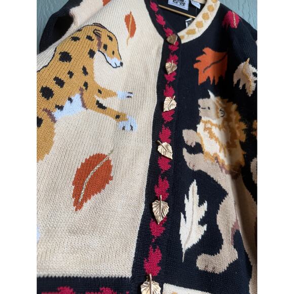NWT Vintage Storybrook Knits Fall Animal Cardigan Leopard Fox Leaves Sweater L - Picture 4 of 6